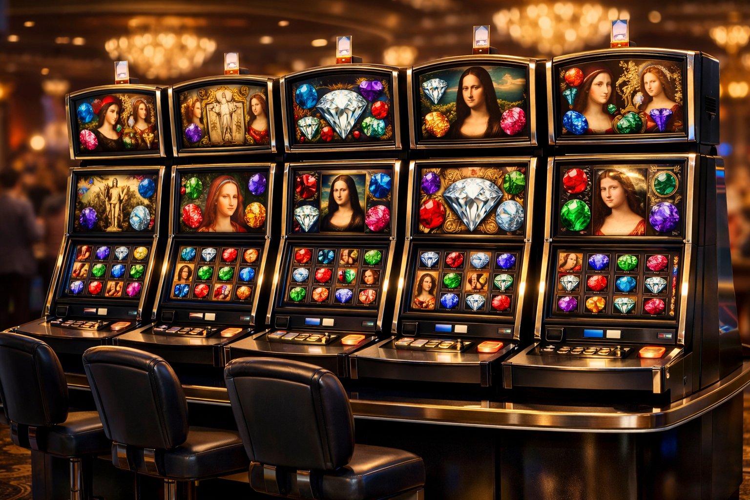 A Casino Table With Several Slot Machines Featuring Gem And Diamond Designs And Dual Screens, Set In A Lively Casino Environment.