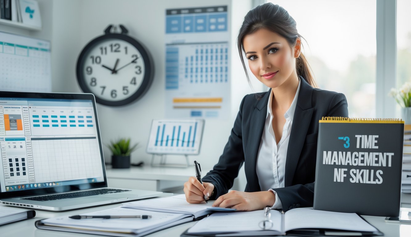 Seorang wanita profesional duduk di meja kantor dengan alat perencana dan jam dinding, fokus menulis dan mengatur jadwal untuk mencapai tujuan hidup.