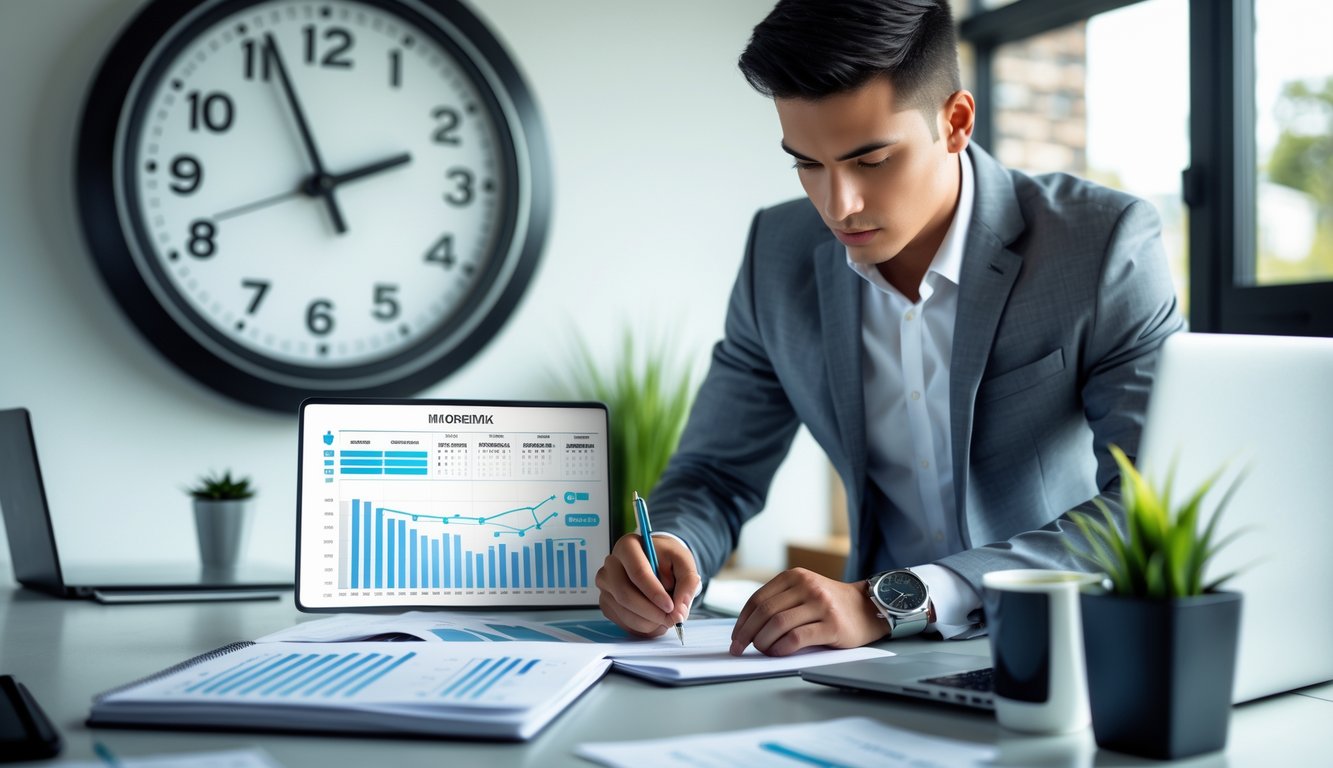 Seorang profesional muda sedang bekerja di meja kantor dengan jam dinding besar di belakang, menggunakan planner dan laptop untuk mengatur waktu dan mencapai target.