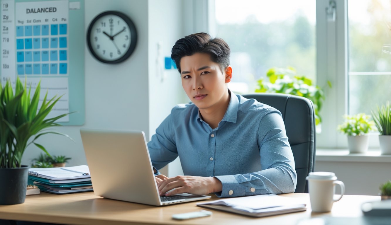 Seorang profesional muda duduk di meja kerja yang rapi dengan laptop dan planner, terlihat tenang dan fokus di ruang kantor yang terang dan teratur.