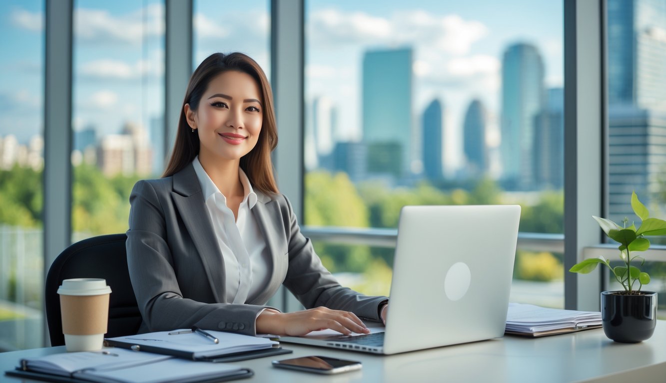 Seorang wanita profesional duduk di meja kantor dengan laptop dan alat tulis, terlihat tenang dan fokus dengan pemandangan kota dan tanaman di latar belakang.