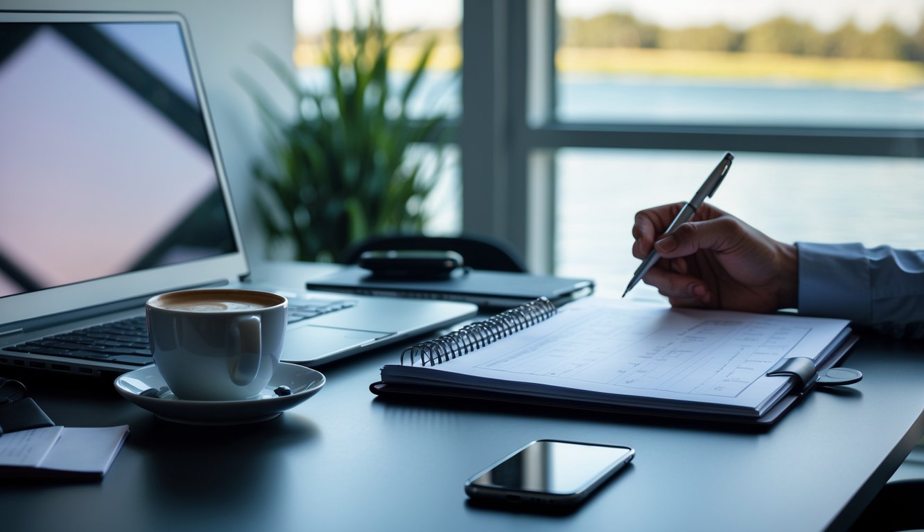 Meja kerja modern dengan laptop, planner, dan tangan seseorang yang memegang pena, di dekat jendela dengan pemandangan luar yang tenang.