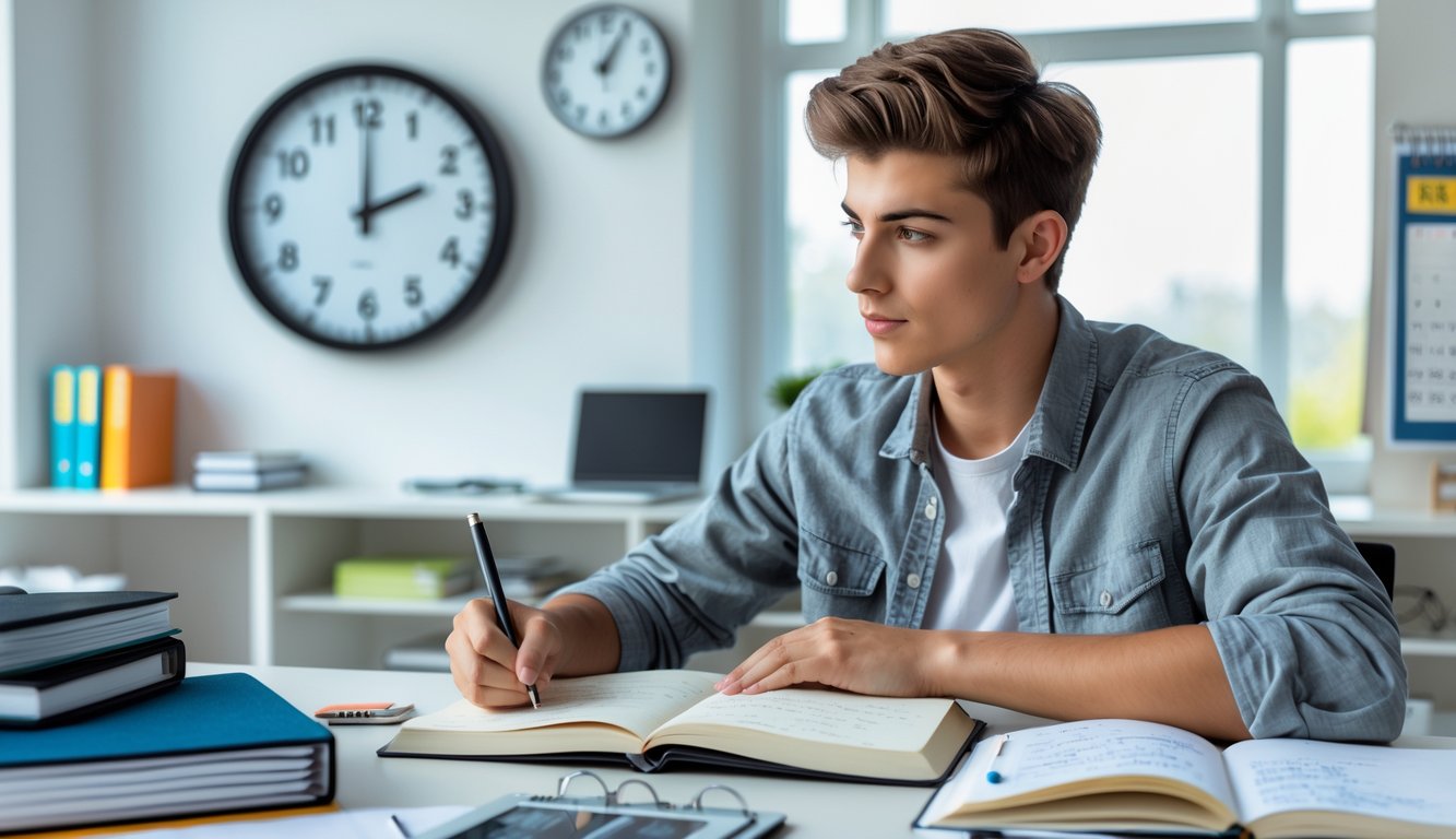 Seorang pelajar pria sedang belajar di meja yang rapi dengan buku dan laptop, sambil melihat jam dinding di ruang belajar yang terang.