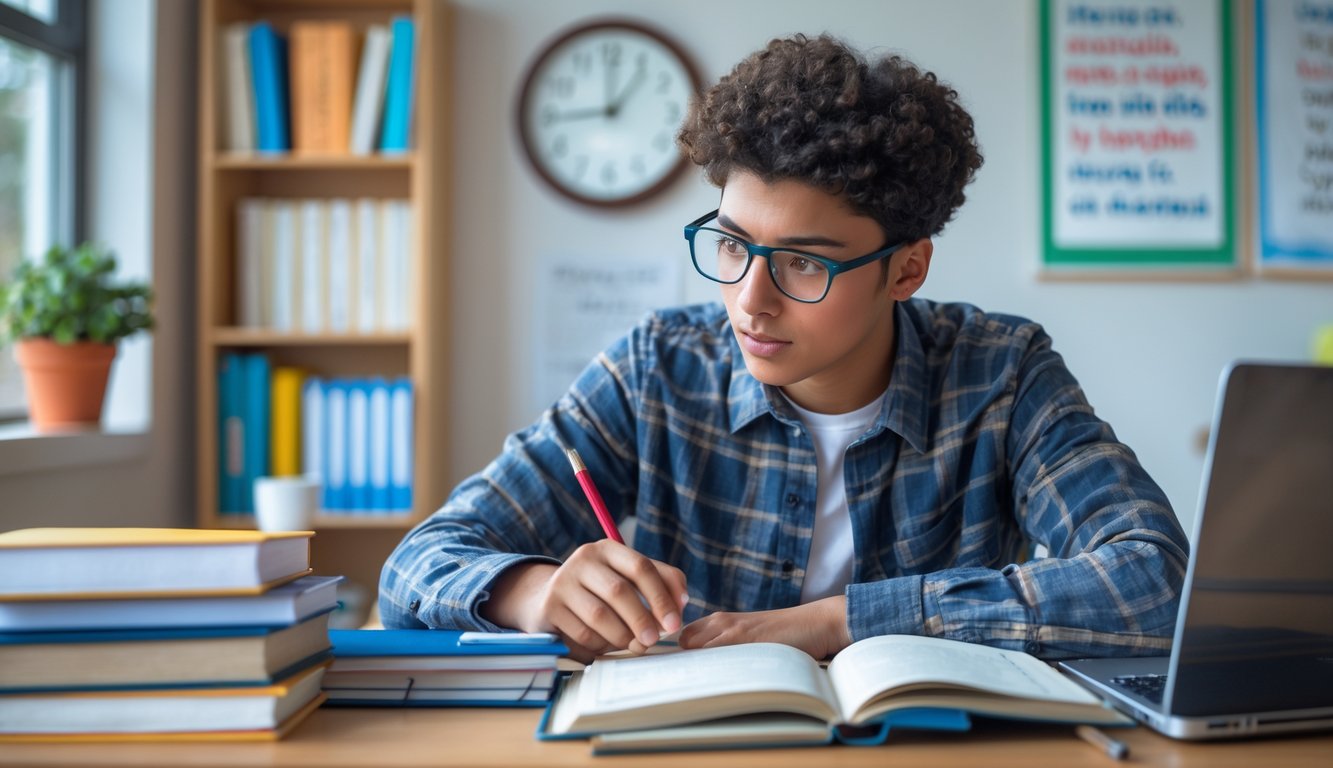 Seorang pelajar sedang duduk di meja belajar yang rapi dengan buku dan laptop, memperhatikan jam dinding sambil mengatur waktu belajar.