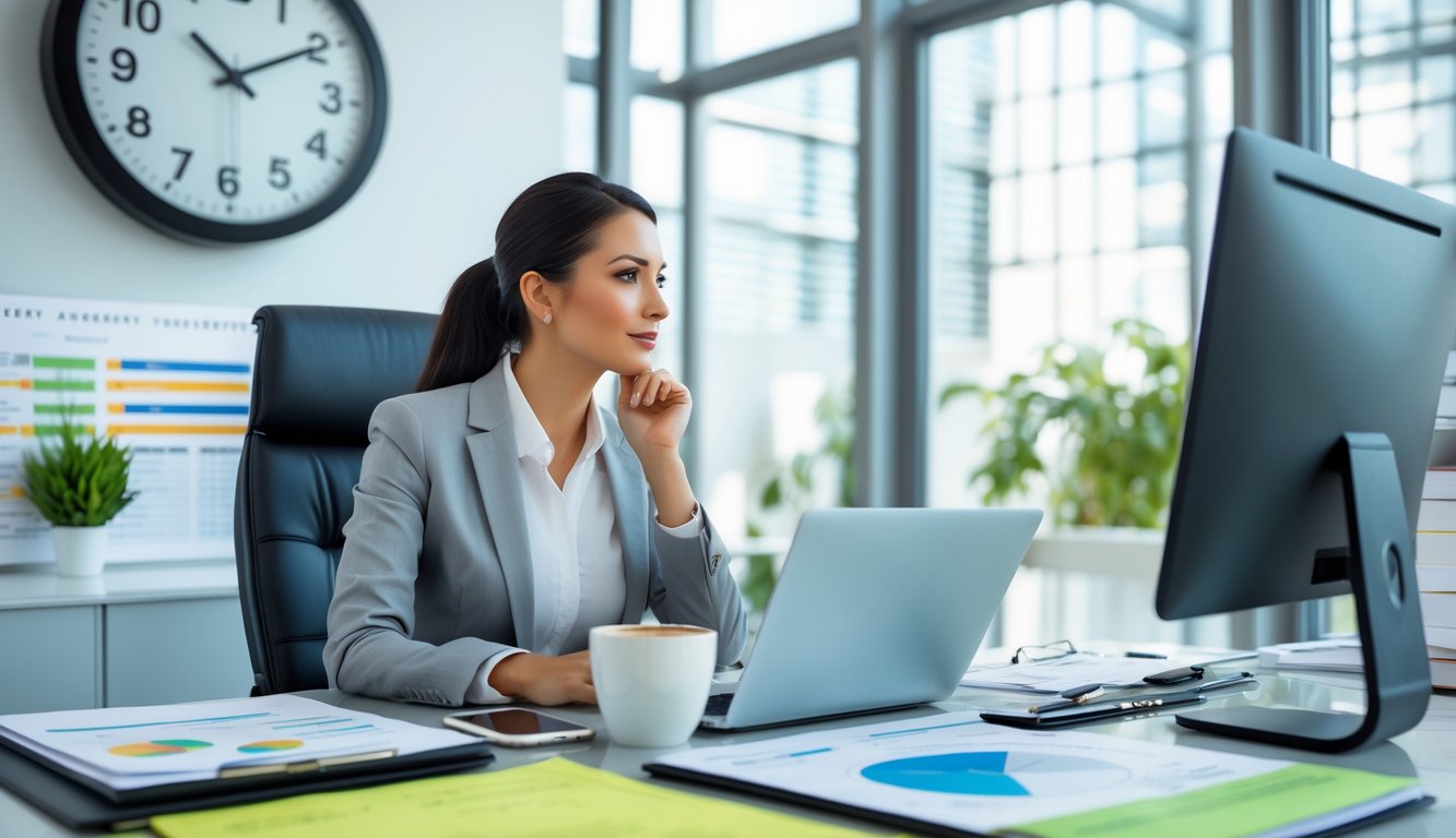 Seorang wanita bisnis duduk di meja kantor yang rapi dengan laptop dan jam dinding besar di belakangnya, menunjukkan fokus pada manajemen waktu.