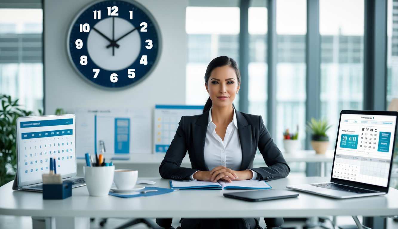 Seorang wanita profesional duduk di meja kantor yang rapi dengan jam dinding, kalender, laptop, dan ponsel, menunjukkan manajemen waktu dalam lingkungan kerja.