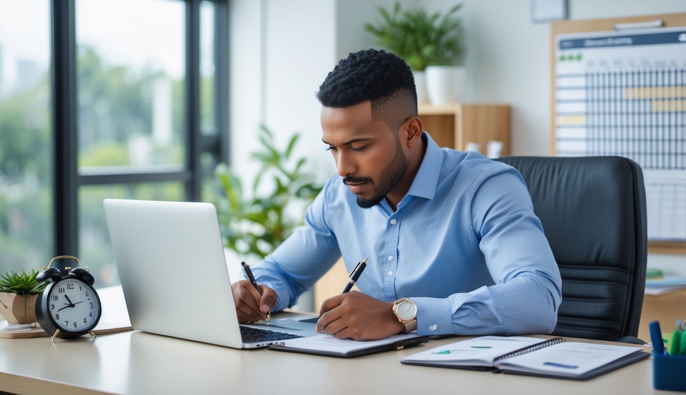 Seorang pria duduk di meja kerja yang rapi, menulis di buku catatan dengan laptop dan jam di meja, menunjukkan fokus dan disiplin.