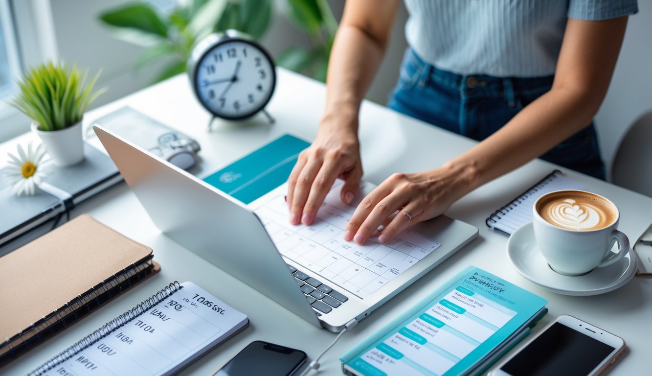 Seorang individu sedang merencanakan jadwal harian di meja kerja yang rapi dengan jam dinding dan alat tulis di sekitarnya.