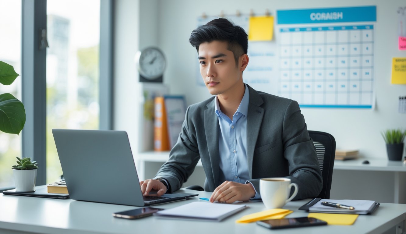 Seorang profesional muda sedang fokus bekerja di meja kantor yang rapi dengan alat kerja terorganisir dan jam di latar belakang.