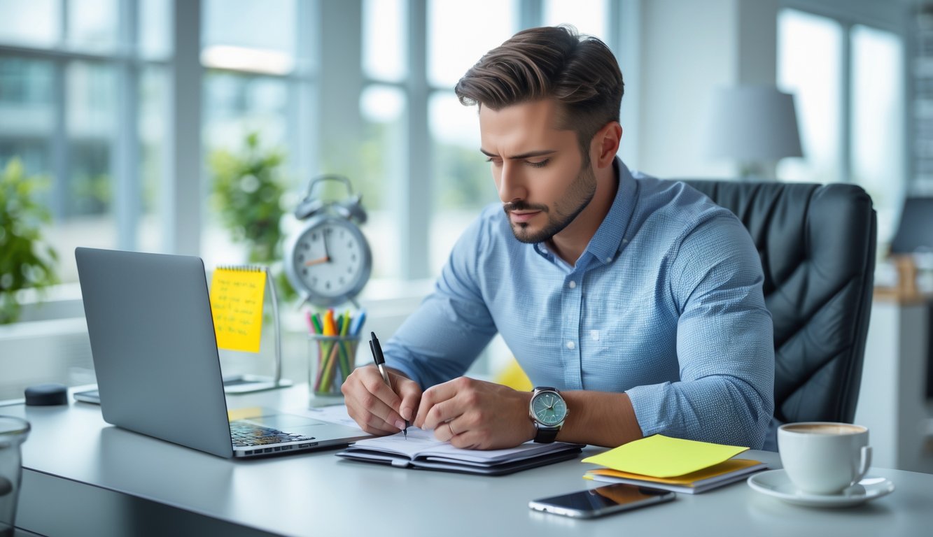 Seorang pria duduk di meja kerja dengan laptop dan buku catatan, sedang menulis dengan ekspresi fokus di ruang kantor yang terang dan rapi.