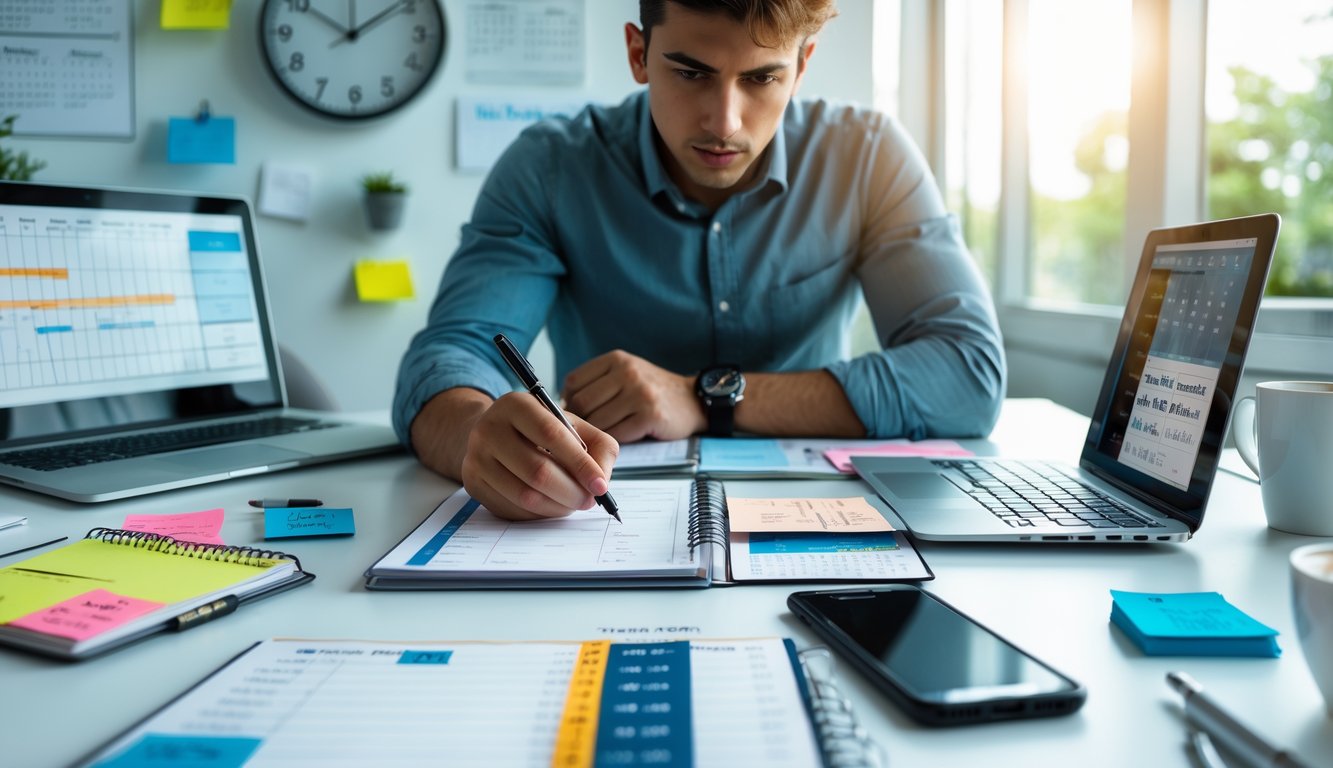 Seorang profesional muda duduk di meja kantor yang rapi, menulis di dalam planner dengan kalender dan perangkat digital di sekitarnya, menunjukkan aktivitas manajemen waktu yang terorganisir.