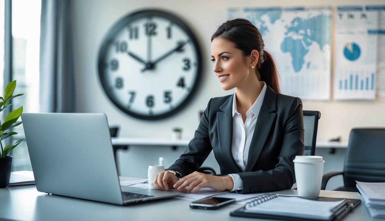 Seorang wanita bisnis duduk di meja kantor dengan laptop dan alat kerja lainnya, melihat ke arah jam dinding besar di ruangan kantor modern.