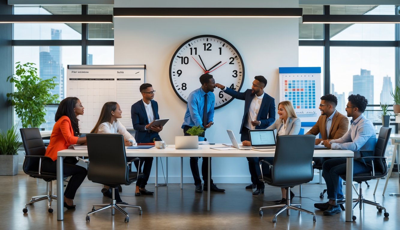 Sekelompok profesional muda bekerja sama di kantor modern dengan jam dinding besar di latar belakang, menunjukkan pentingnya keterampilan manajemen waktu.