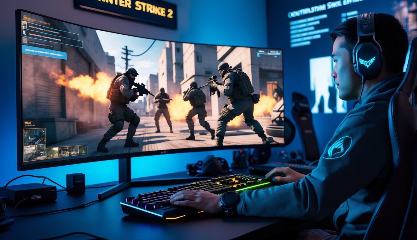 Seorang gamer fokus bermain Counter Strike 2 di depan layar besar yang menampilkan aksi pertempuran tim dengan grafis realistis di ruangan gaming berteknologi tinggi.
