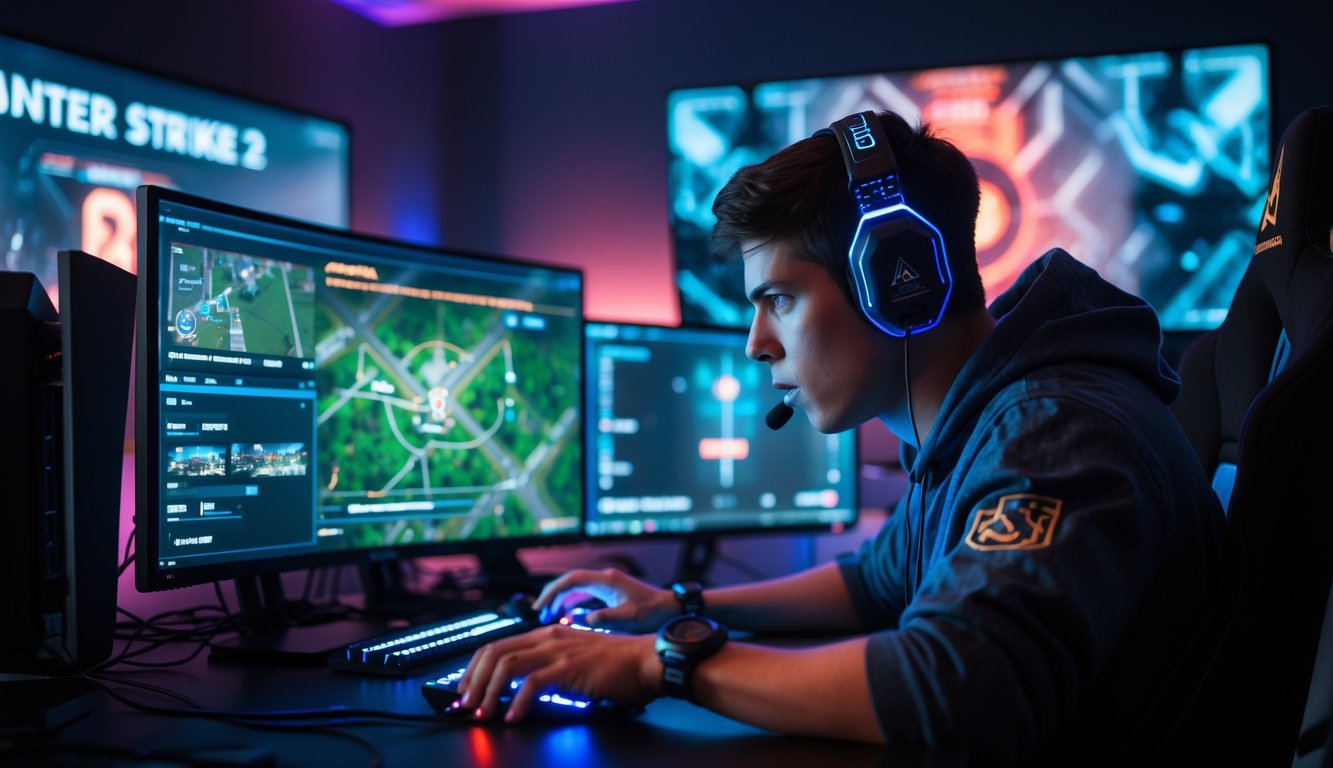 Seorang gamer fokus bermain game tembak-menembak di ruangan dengan layar komputer yang menampilkan aksi permainan dan peta.