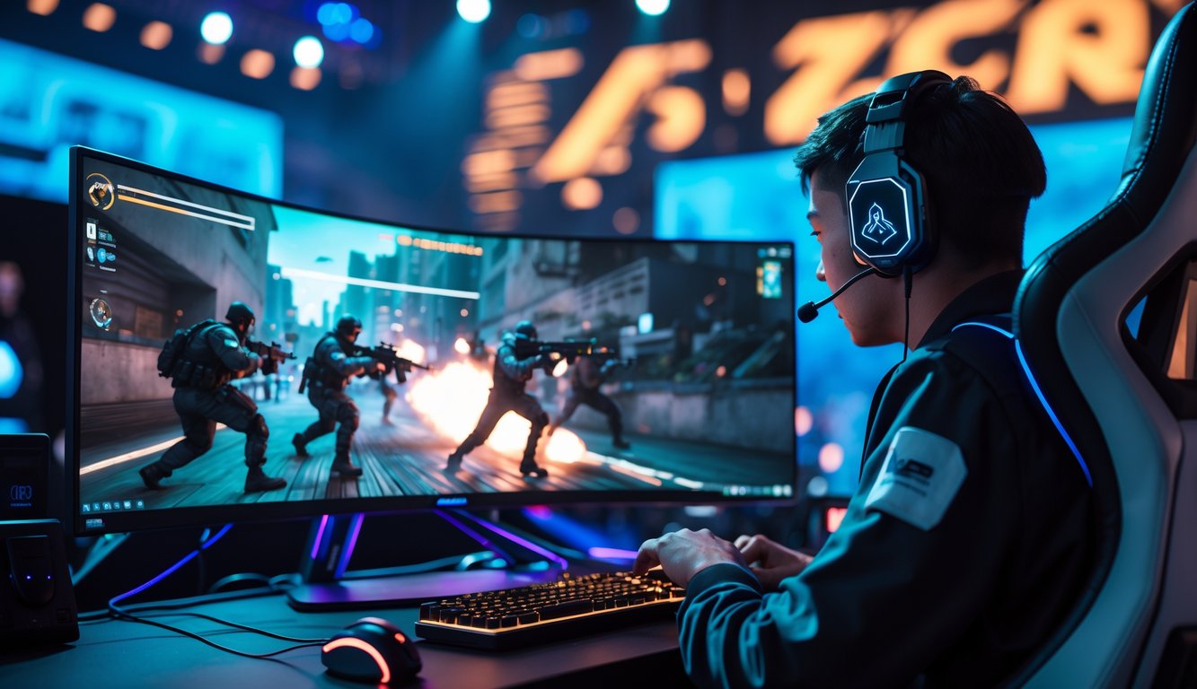 Seorang pemain game sedang fokus bermain game tembak-menembak di depan layar dengan suasana kompetisi esports di latar belakang.