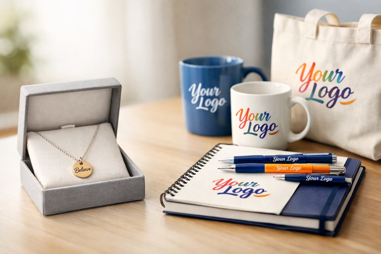 Close-up of an encouragement necklace next to various branded merchandise items arranged on a desk.