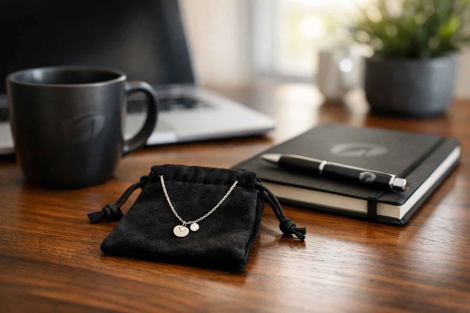 Close-up of an encouragement necklace on a velvet pouch next to branded merchandise like a coffee mug, notebook, and pen on a wooden desk in an office.