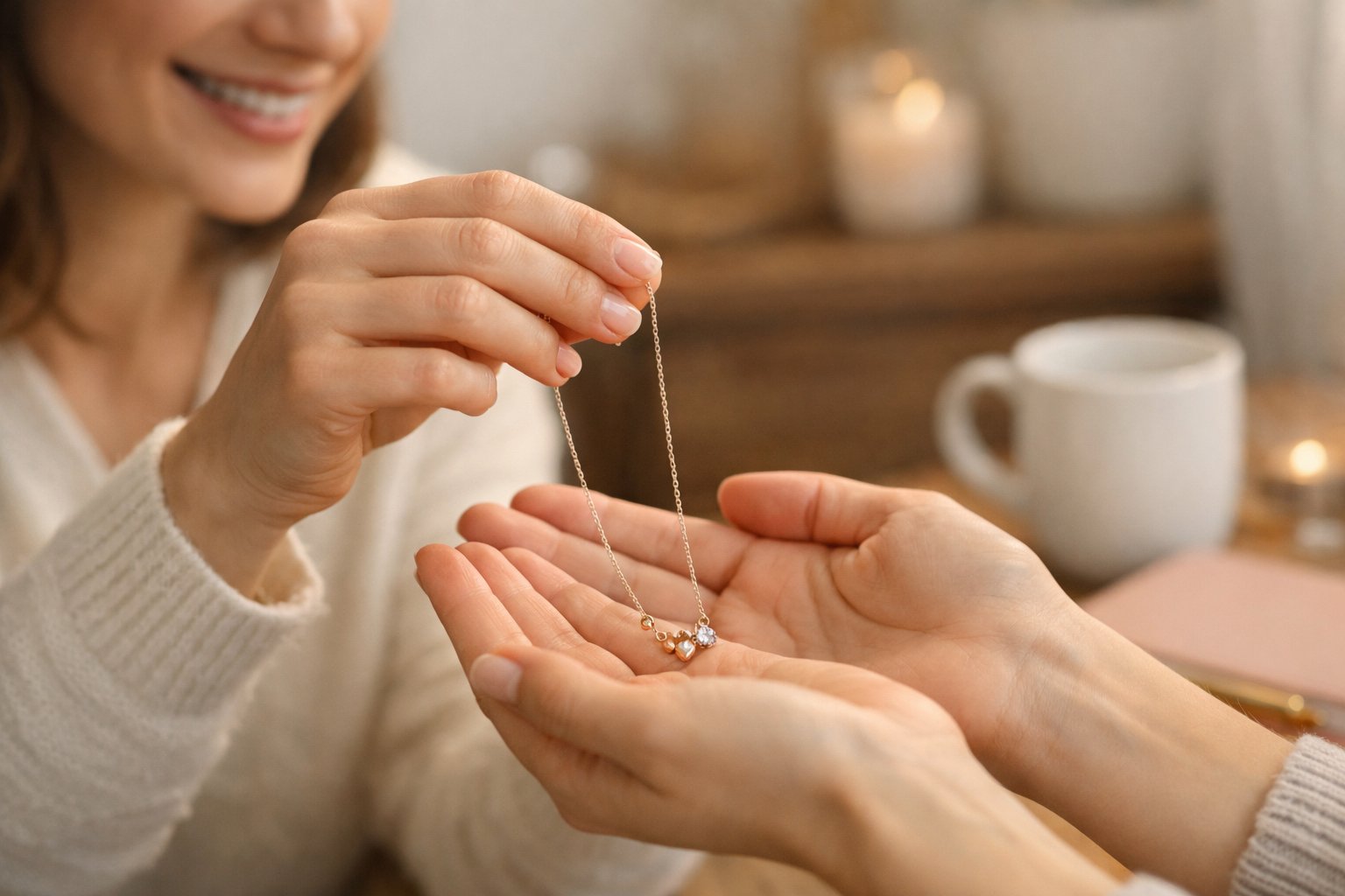 Two people exchanging a delicate necklace in a warm, intimate setting with branded merchandise blurred in the background.