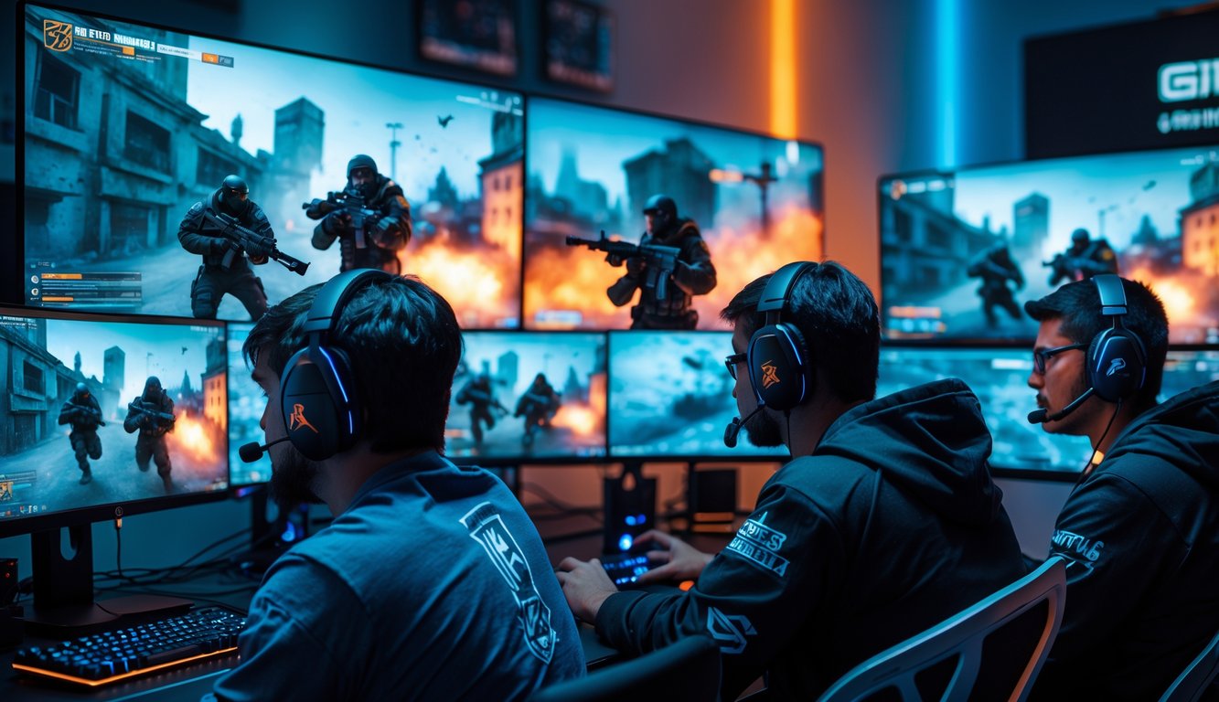 Sekelompok pemain game taktis sedang fokus bermain di ruang game dengan monitor besar yang menampilkan adegan pertempuran kota.