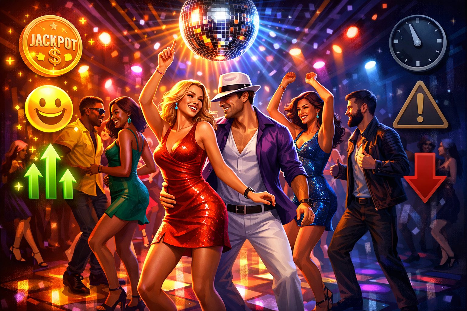 A Colorful Nightclub Dance Floor With People Dancing And Glowing Icons Representing Advantages And Disadvantages Around The Scene.