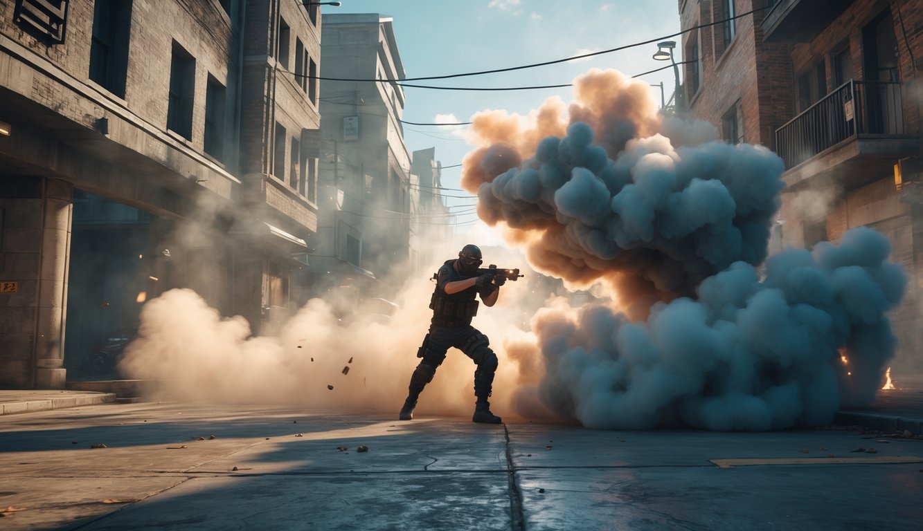 Seorang pemain sedang melempar granat asap di peta baru permainan tembak-menembak dengan latar kota yang detail dan dinamis.