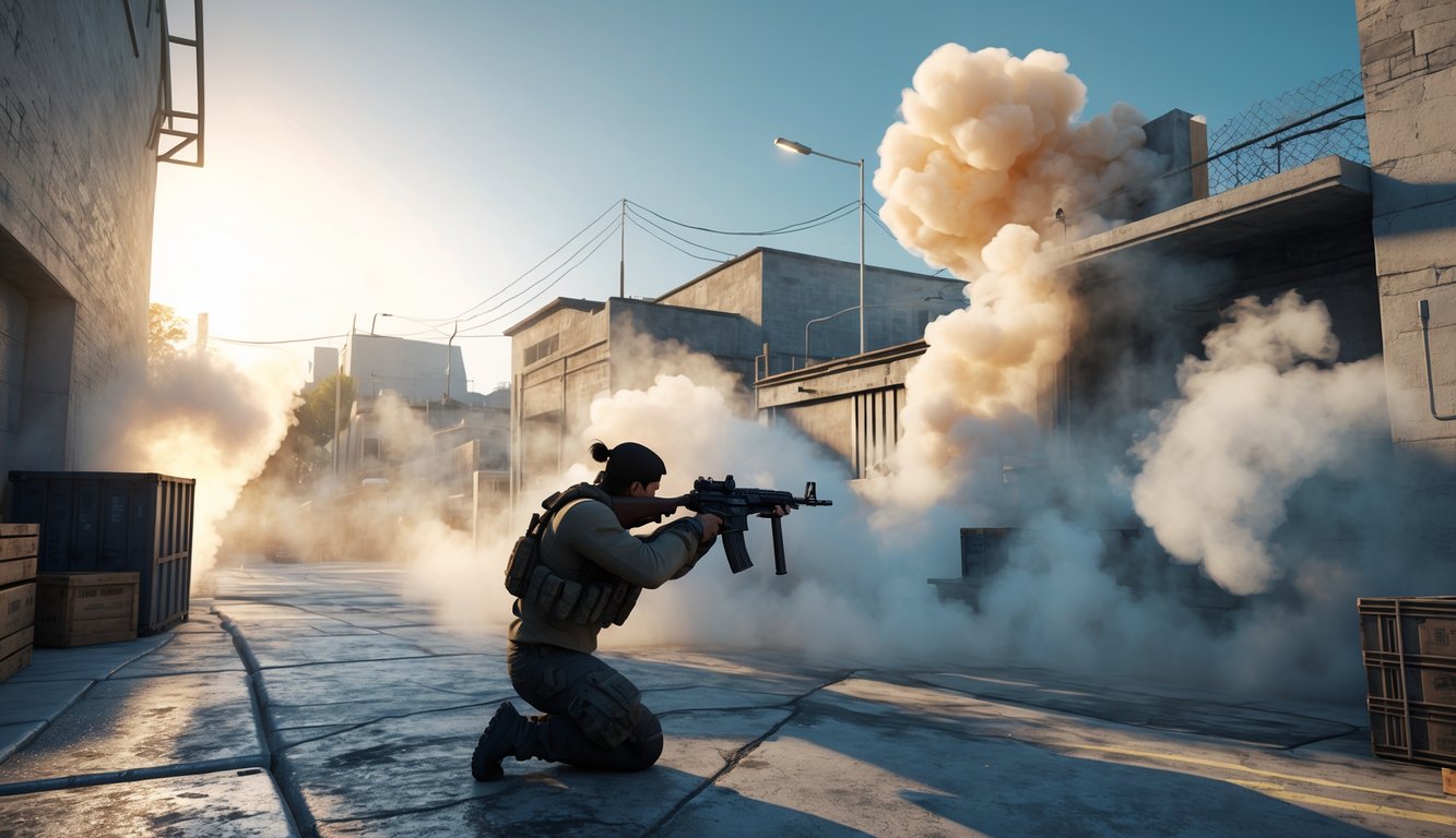 Pemandangan dalam permainan video tembak-menembak dengan efek asap dinamis di peta perkotaan, menampilkan karakter yang memegang senjata dan bersiap menghadapi musuh.