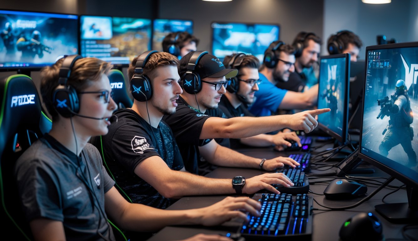 Sekelompok pemain game sedang bermain Counter Strike 2 dengan serius di sebuah ruangan gaming modern.