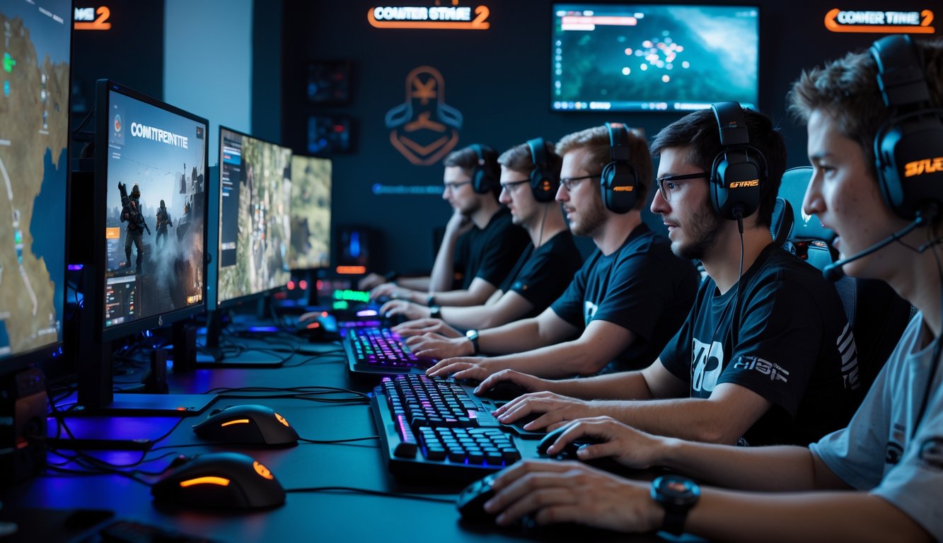 Sekelompok pemain sedang fokus bermain Counter Strike 2 di ruang game modern dengan peralatan gaming lengkap.