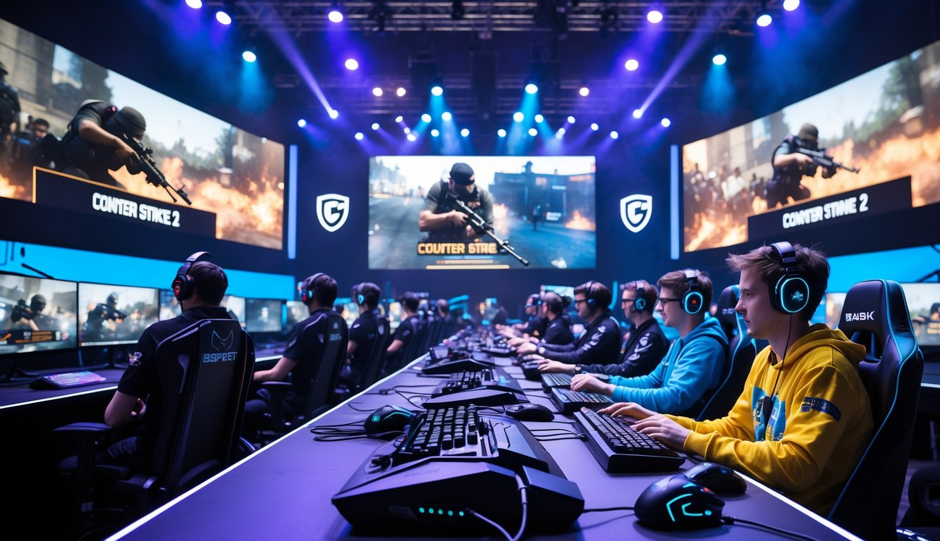 Sejumlah pemain esports sedang fokus bermain Counter Strike 2 di arena turnamen dengan penonton yang antusias di latar belakang.