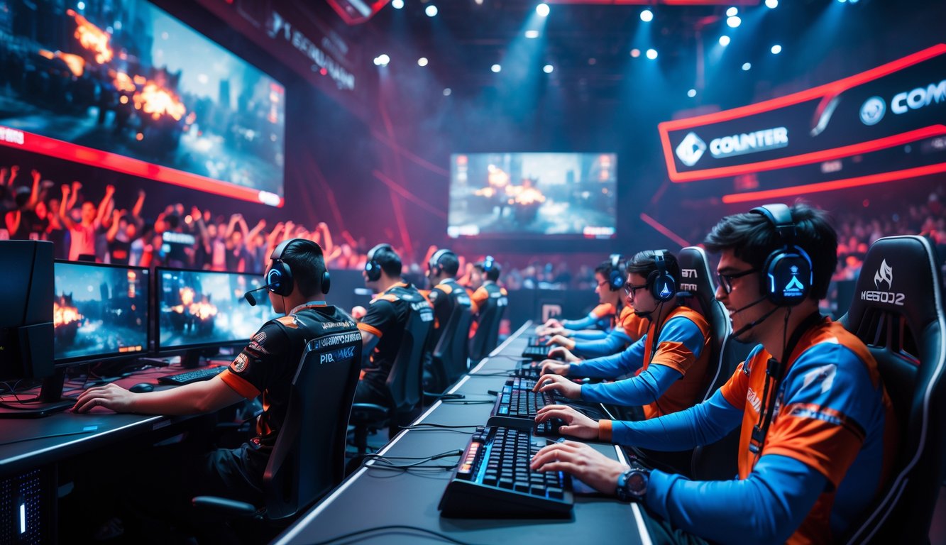 Suasana turnamen esports Counter Strike 2 dengan pemain yang fokus bermain di arena gaming yang ramai dan pencahayaan dinamis.