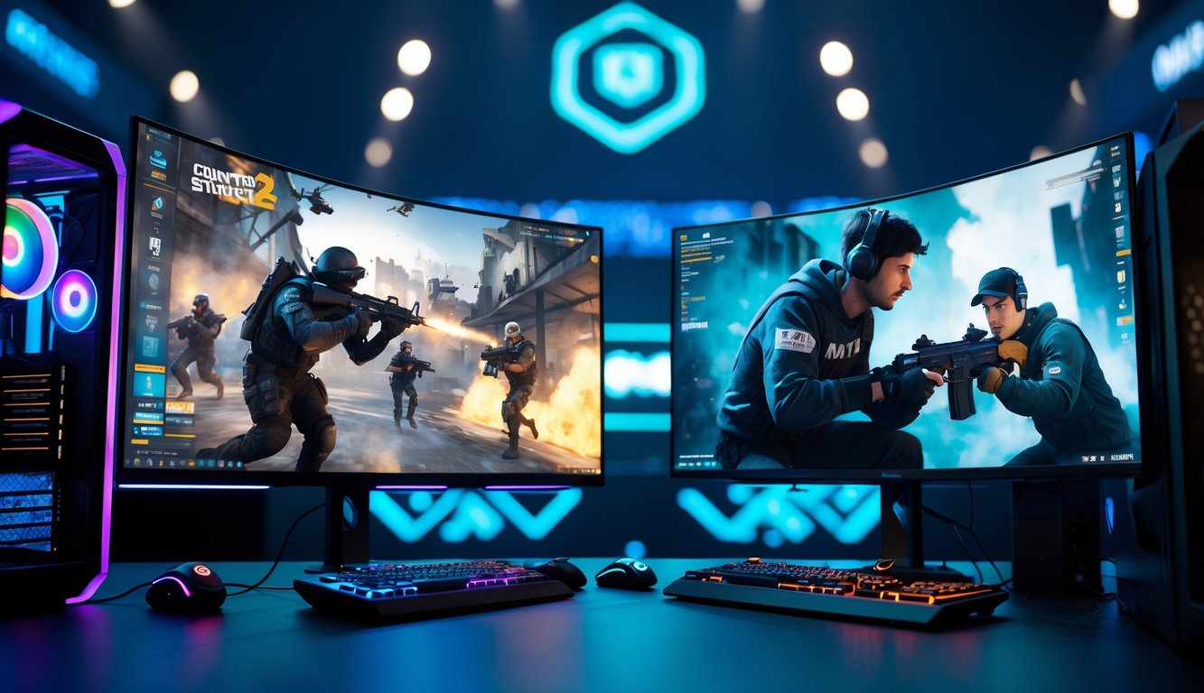 Dua setup gaming berdampingan dengan pemain fokus bermain game tembak-menembak kompetitif di arena esports.