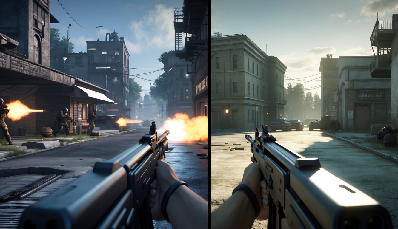 Perbandingan dua adegan permainan tembak-menembak dari sudut pandang pemain, menunjukkan perbedaan lingkungan dan grafis antara dua versi game.