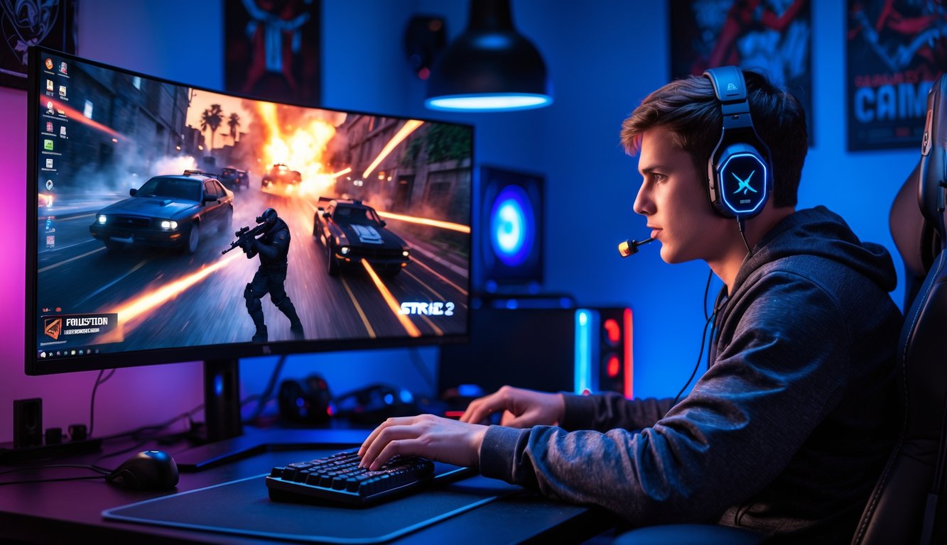 Seorang pria muda sedang serius bermain Counter Strike 2 di depan komputer dengan pencahayaan ambient biru dan ungu di ruangan gaming.