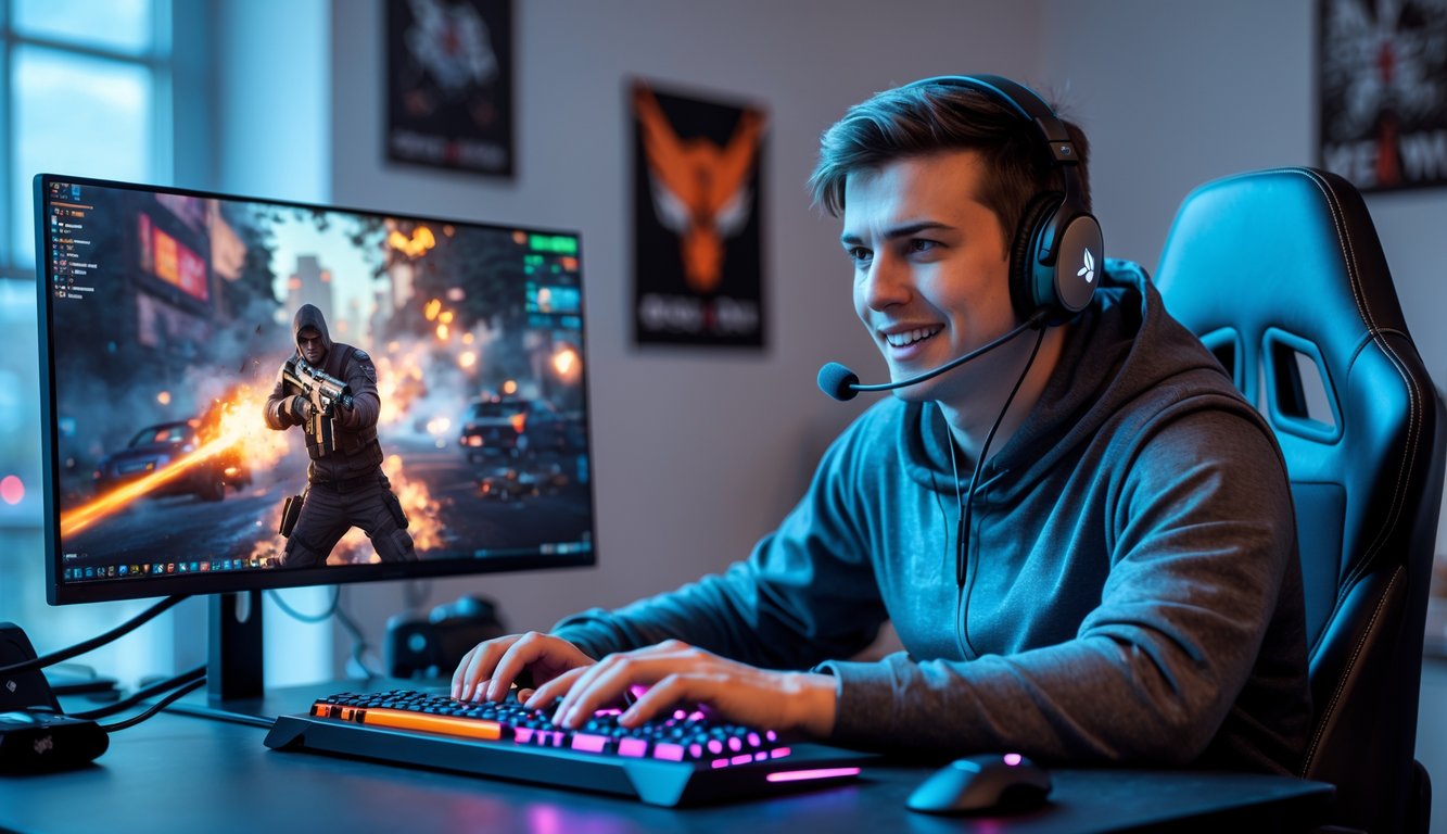 Seorang gamer muda sedang bermain game tembak-menembak kompetitif di komputer dengan peralatan gaming di meja.
