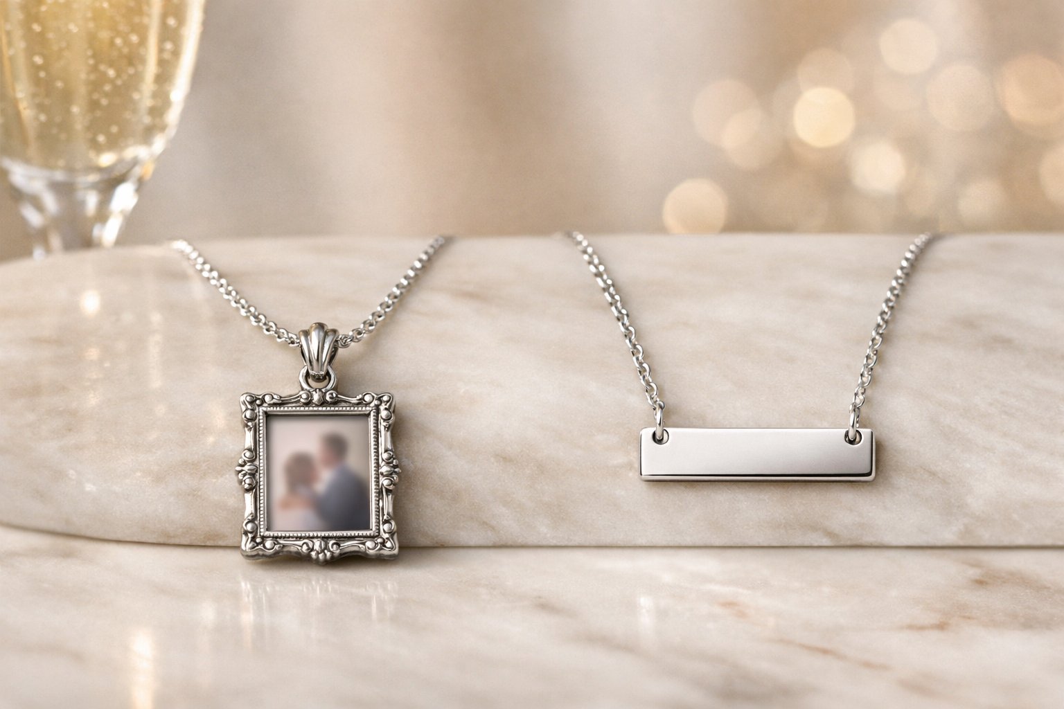 Two elegant silver necklaces displayed side by side on a marble surface, one with a small frame pendant and the other with a rectangular pendant, with a blurred champagne glass in the background.