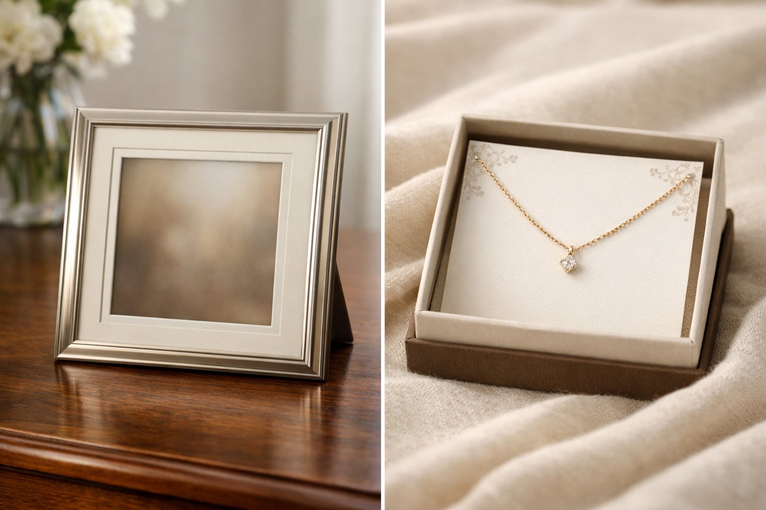 A commemorative frame and a message card necklace displayed side by side on a wooden surface and soft fabric background.