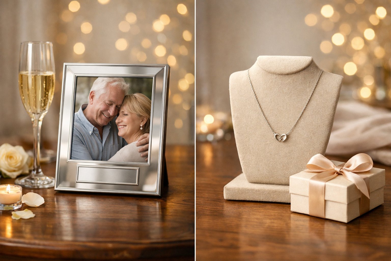 A commemorative frame and a message card necklace displayed side by side on a table with a champagne glass and soft lights in the background.