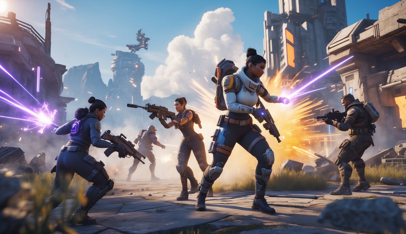 Adegan pertempuran cepat dalam game Apex Legends dengan karakter unik yang menggunakan kemampuan mematikan di medan perang futuristik.