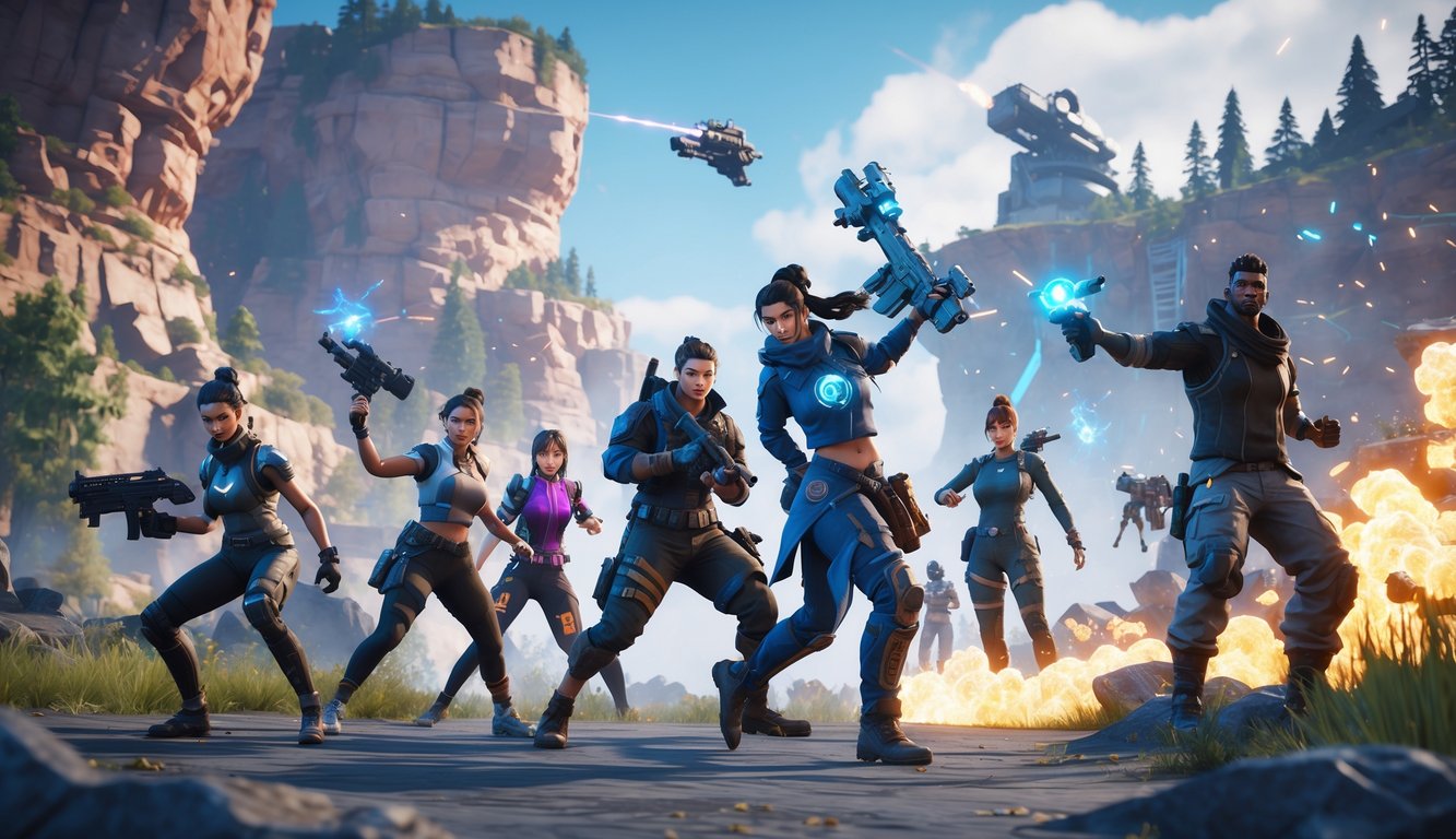 Sekelompok karakter futuristik sedang bertarung di medan pertempuran yang luas dengan latar alam dan kota, menunjukkan aksi cepat dan keterampilan unik mereka.