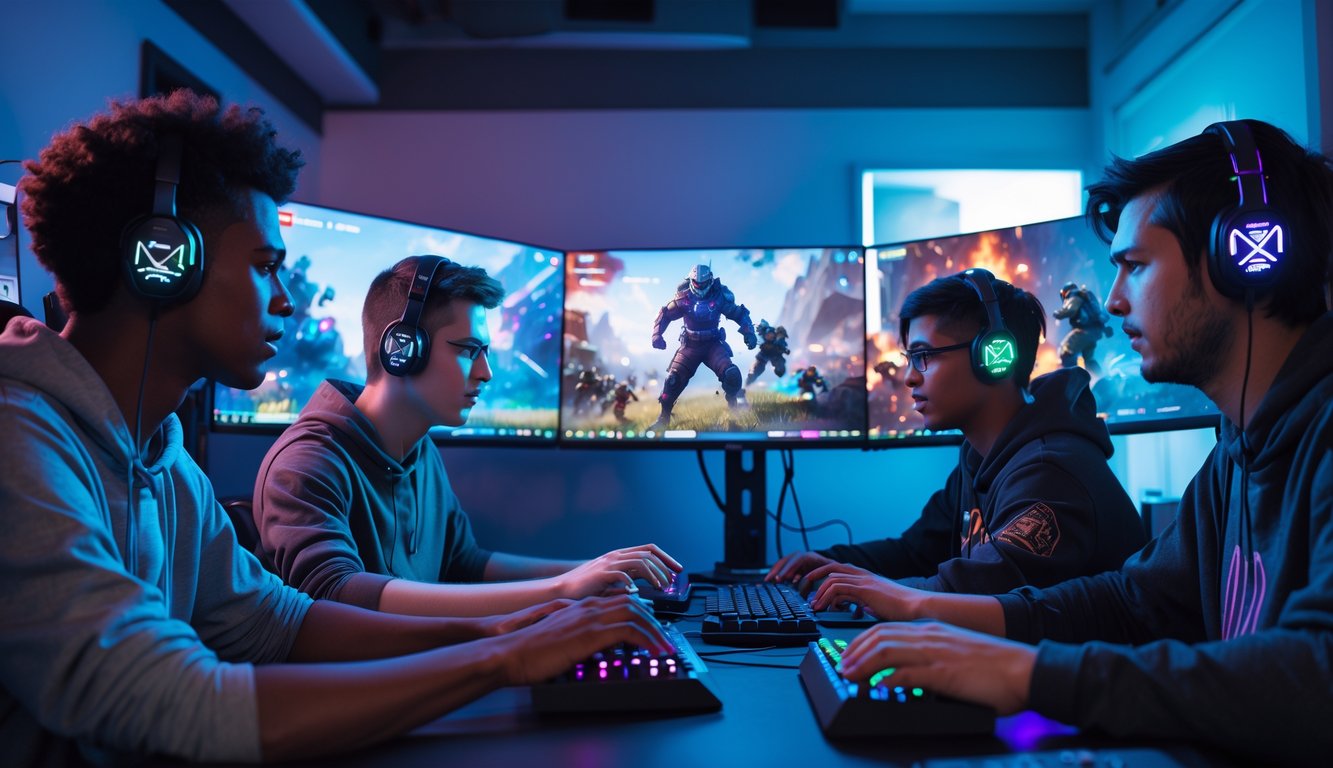 Empat orang muda sedang bermain game bersama di depan komputer dengan ekspresi serius dan fokus.