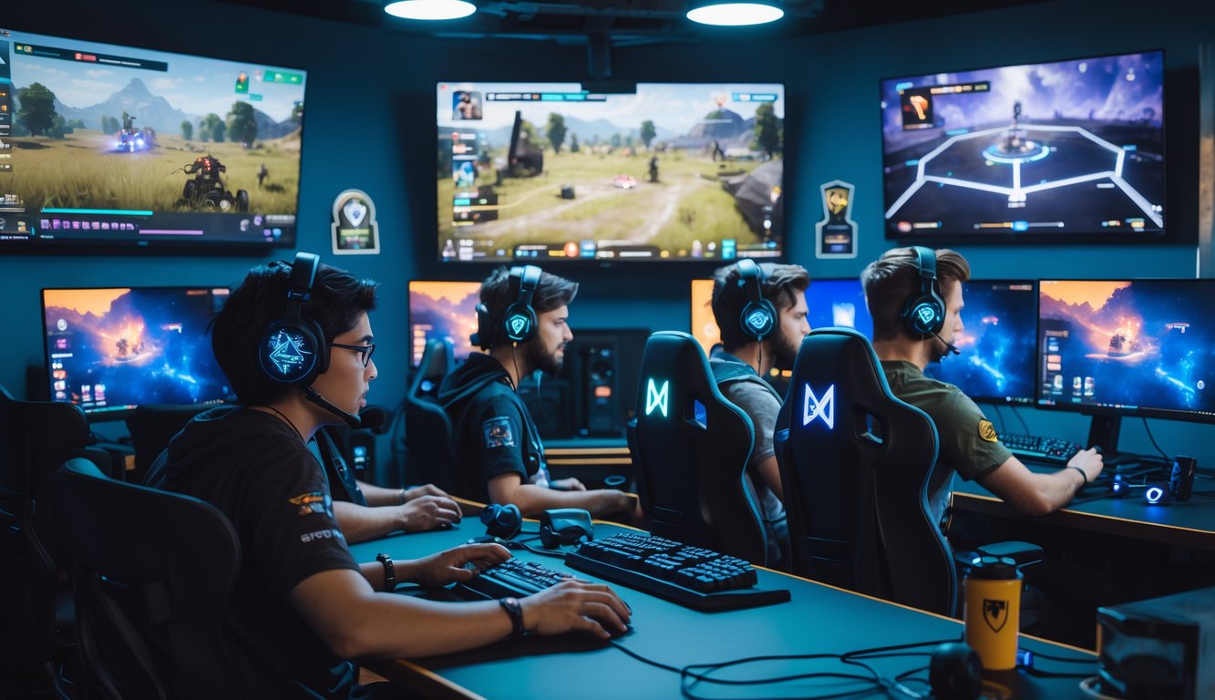 Empat pemain sedang bermain Apex Legends bersama di sebuah ruangan gaming dengan layar komputer yang menampilkan permainan intens dan mereka menggunakan headset untuk berkomunikasi.