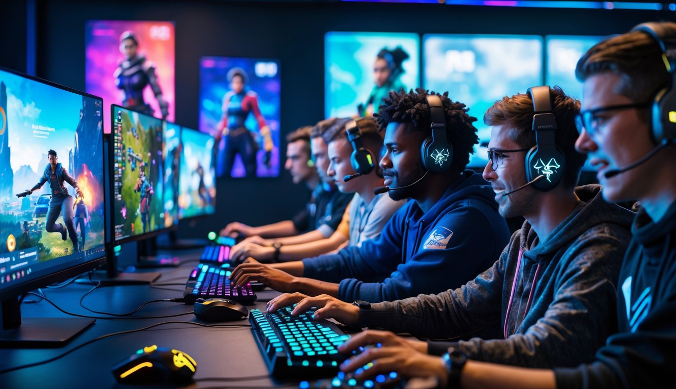 Sekelompok pemain sedang bermain Apex Legends dengan fokus dan antusiasme di ruang game modern.