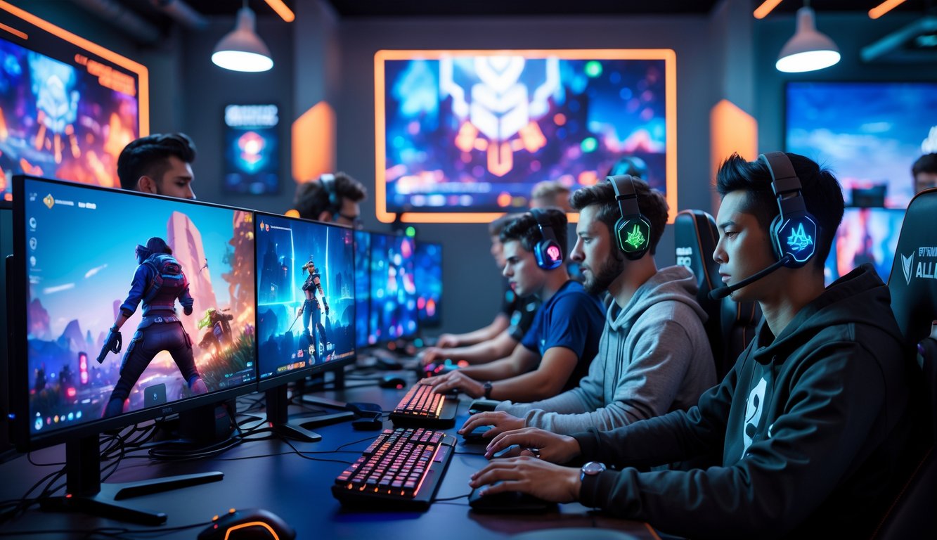 Sekelompok pemain game sedang bermain Apex Legends dengan serius di sebuah ruangan gaming modern.