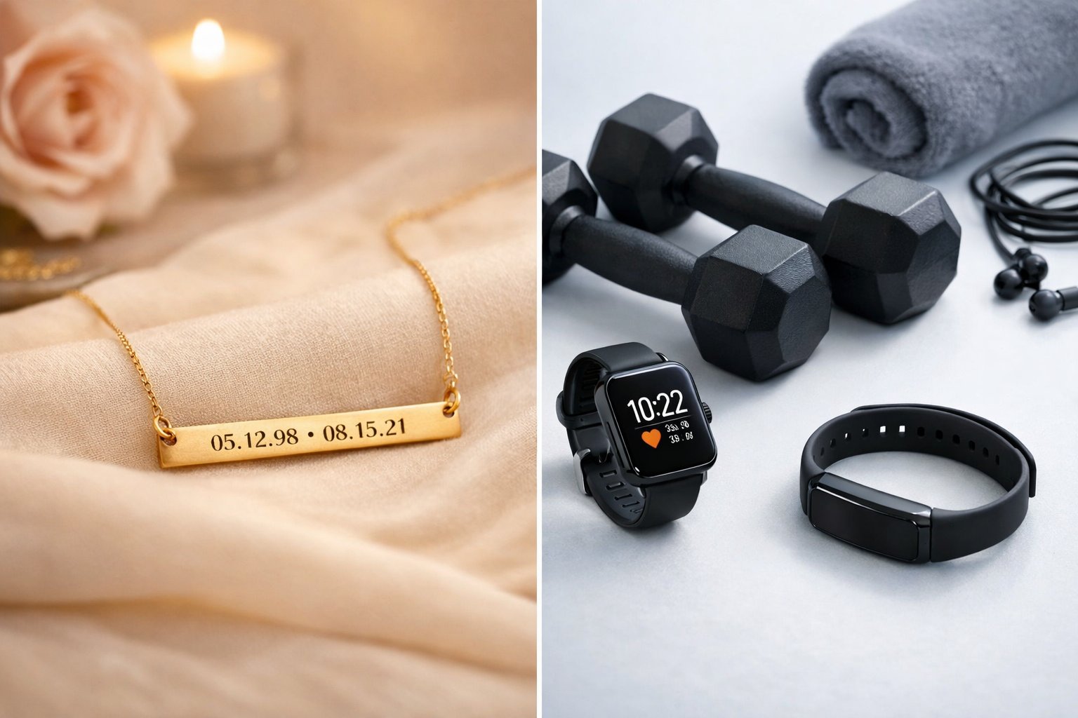 A milestone necklace displayed next to fitness equipment including a smartwatch and dumbbells on separate surfaces, highlighting the contrast between sentimental and practical items.