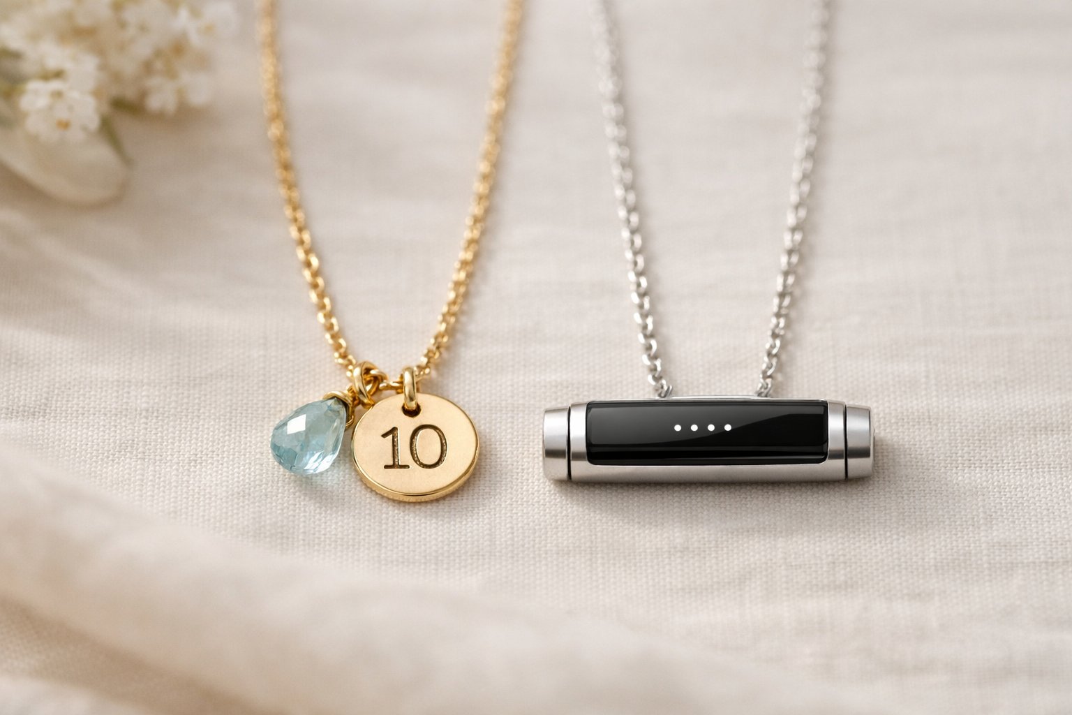 Close-up of two necklaces on a neutral background, one with a sentimental charm and the other with a modern fitness tracker design.