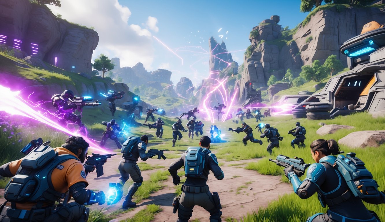 Sekelompok karakter berpakaian tempur futuristik sedang bertempur di medan perang berwarna-warni dengan latar pegunungan dan bangunan futuristik.