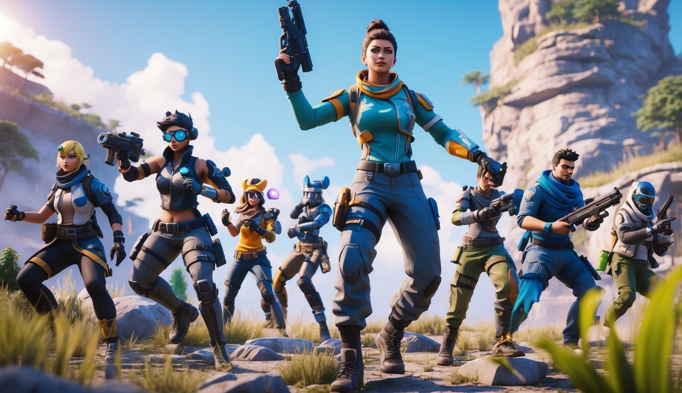 Sekelompok karakter futuristik dengan kemampuan unik sedang beraksi di medan pertempuran yang penuh semangat dan teknologi.