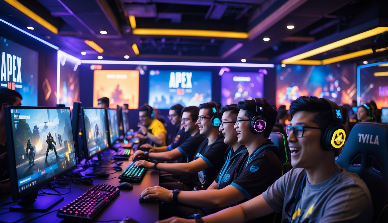 Sekelompok pemain game berkumpul di ruang bermain modern, fokus pada layar komputer yang menampilkan permainan Apex Legends dengan ekspresi antusias dan serius.
