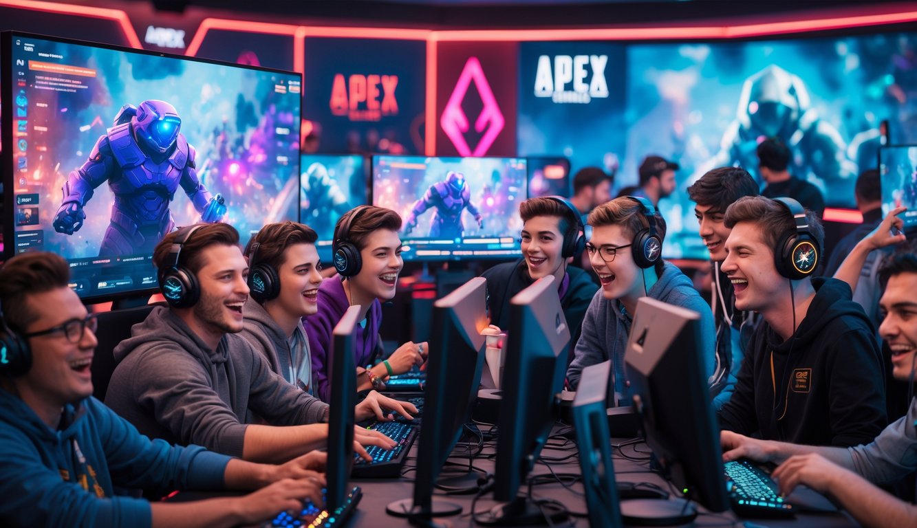 Sekelompok orang muda sedang bermain Apex Legends bersama di sebuah ruang game modern dengan layar besar dan peralatan gaming.